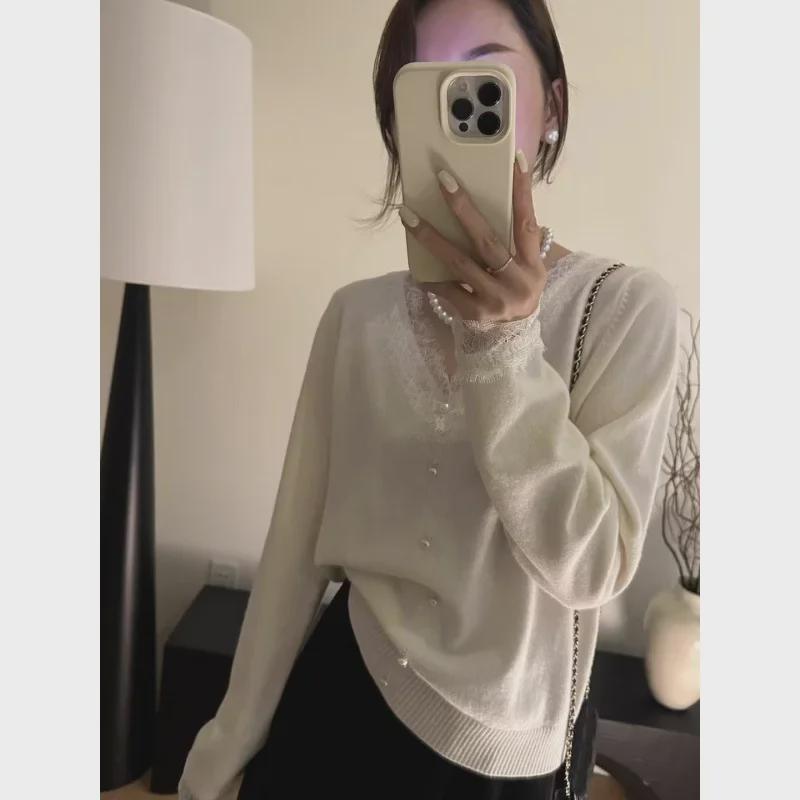 Women's V-Neck French Lace Sweater - Spring/Autumn Fashion, Loose-Fit, Long-Sleeve Top
