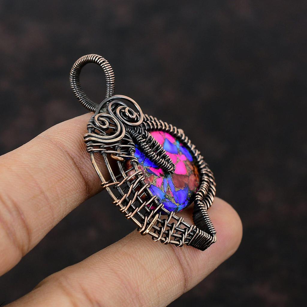 Натуральный бирюзовый кулон Kingman Pink Dahlia, обернутый медной проволокой, ювелирное изделие ручной работы, кулон с драгоценным камнем для подарка, дизайнерское медное ювелирное изделие