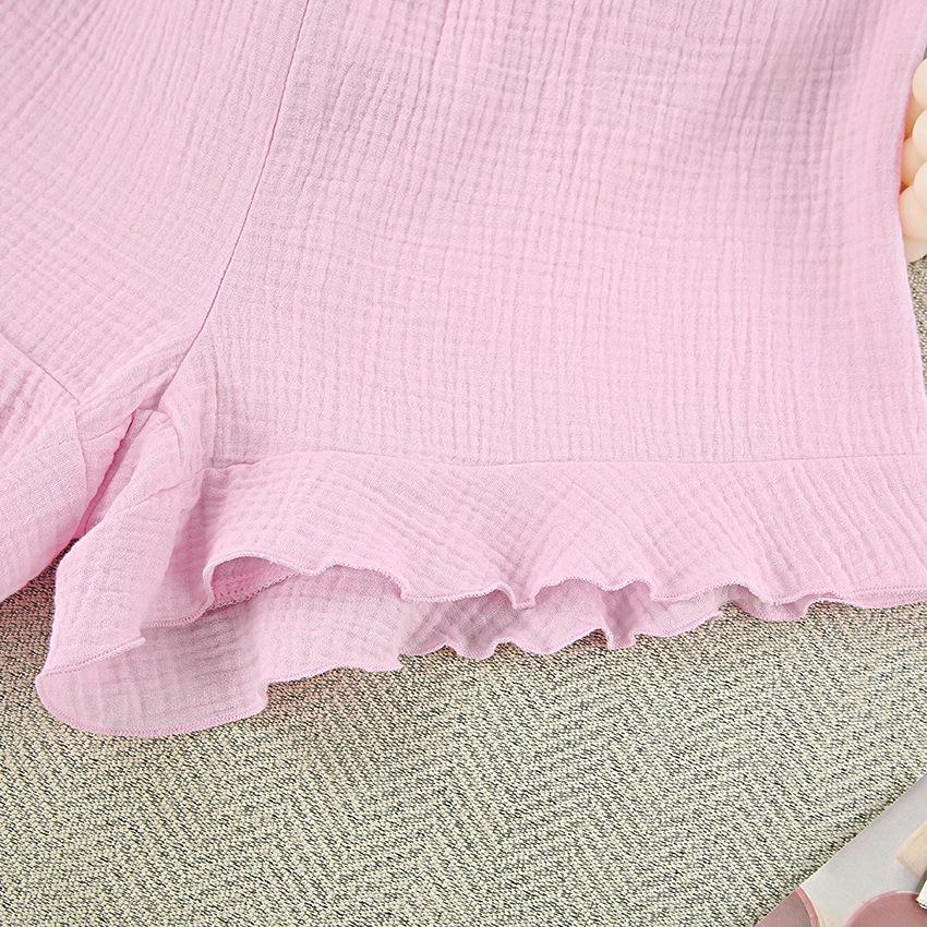 Solid Colour Crepe Cotton Pajamas Long Sleeve Shorts Ruffle Two Piece Set Homewear Ladies