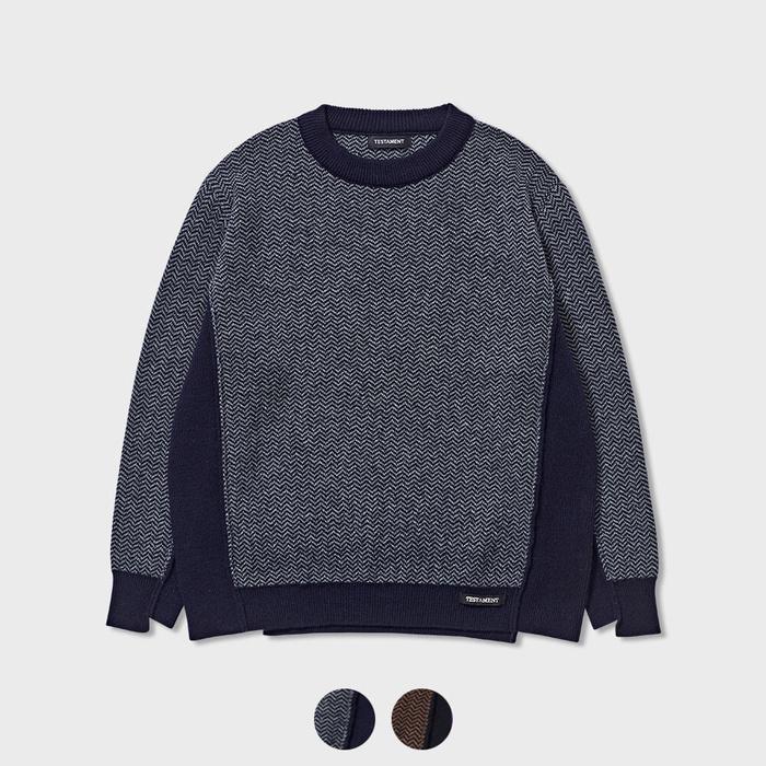 TESTAMENT Structured Herringbone Jacquard Lambswool Knit (Navy/ Brown)