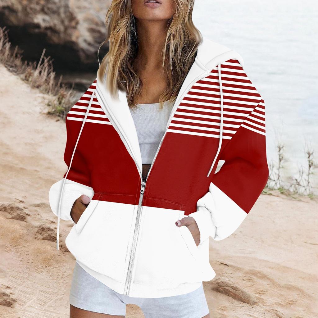 Женская толстовка с длинными рукавами и полосатым принтом, куртка с длинными рукавами и карманами, на молнии, пальто с капюшоном