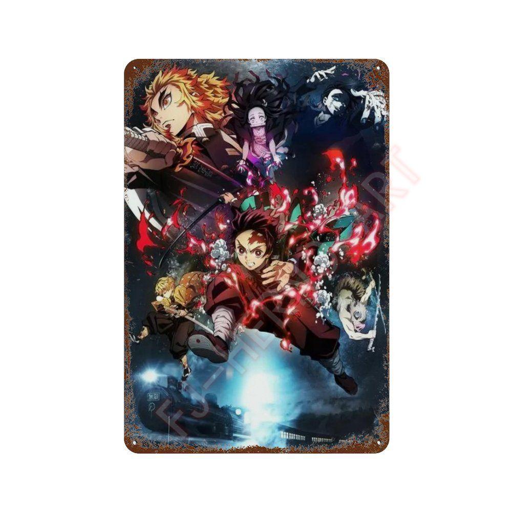 Classic Pop Anime Demon Slayer Kyojuro Rengoku Art Poster Metal Tin Sign Plaque Wall Plates for Living Room Modern Home Decor