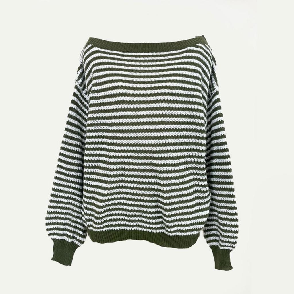 Versatile Knitted Top One-Row Neck Lace-Up Style Sweater Loose Fit Striped Lantern Sleeve Tops
