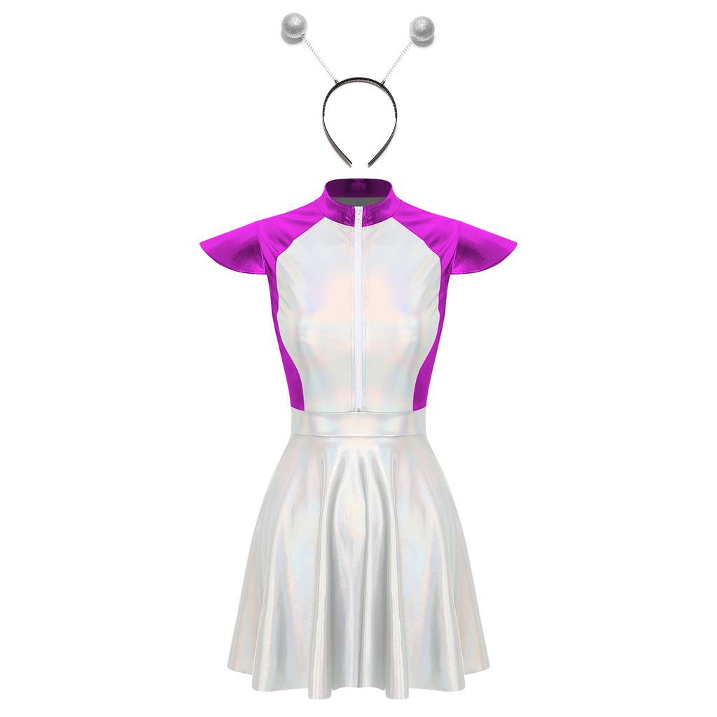 Womens Space Alien Costume Cap Sleeve Cutie Design Outer Space Theme Dress and Hair Hoop