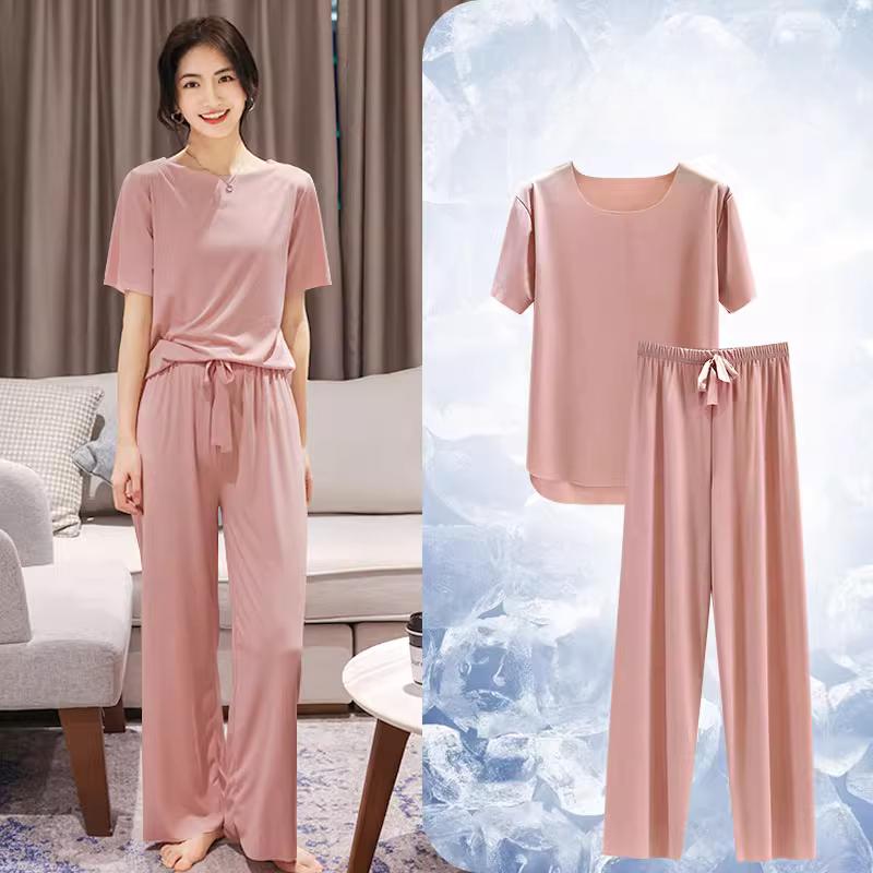 2025 Весна и лето Пижама из ледяного шелка, два предмета, короткие рукава, длинные брюки, цветной, большой размер, дышащий, одежда для отдыха, домашний костюм