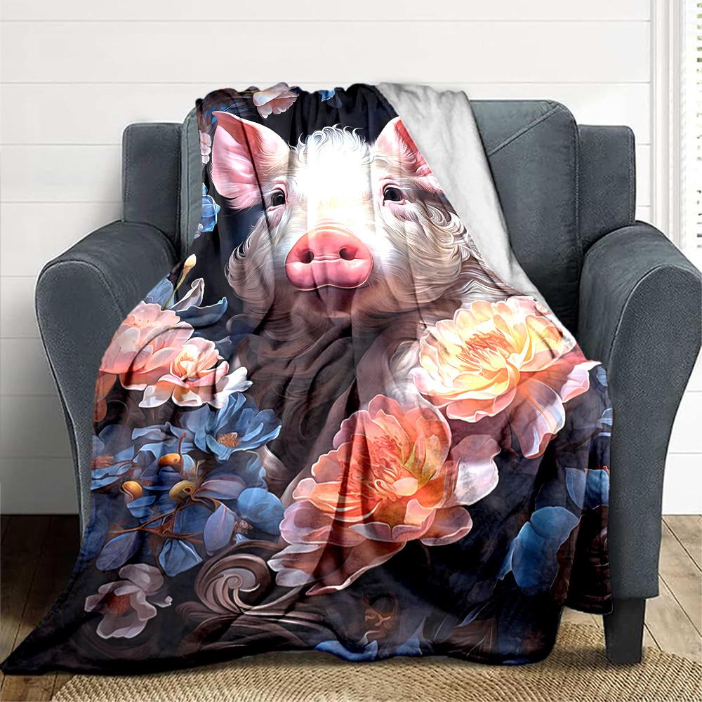 1pc Pig Floral Print Blanket Lightweight Flannel Blanket Throw Blanket For Sofa, Bed, Travel, Camping, Livingroom, Office, Couch, Chair, And Bed yy251