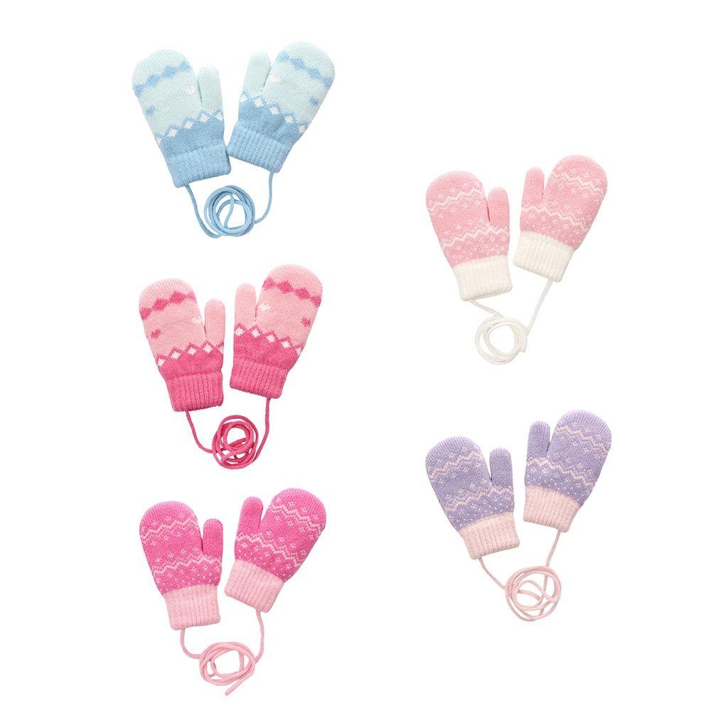 Утепленные детские вязаные перчатки с веревочкой для шеи Теплые варежки Осенне-зимние перчатки Мальчики Девочки