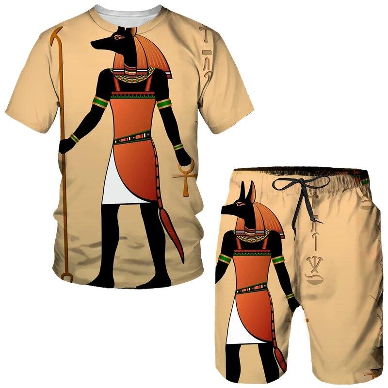 Мужская спортивная одежда из двух предметов, древнеегипетская футболка с 3D принтом, шорты фараона, уличная одежда для пар, летняя новинка