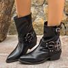 Thick-heeled Short Boots for Women But Over the Knee Autumn and Winter New Pointed Retro Metal Leather Buckle Western Knight Boots