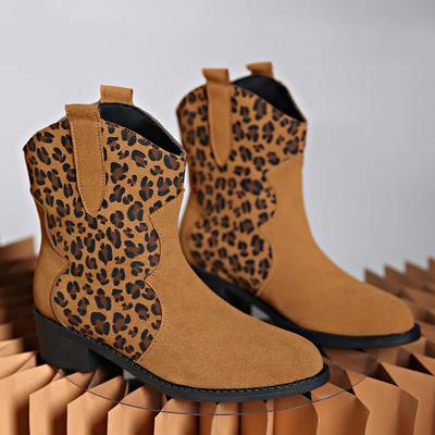 Женские ботинки Осень/зима Новые ботинки с леопардовым принтом, острым носком и V-образным вырезом, на низком каблуке, удобные, нескользящие, модные ботинки 2024