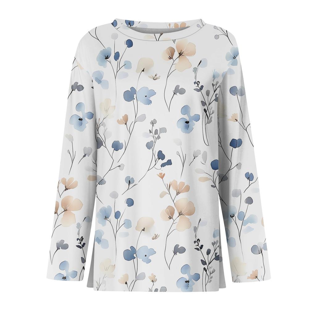 Women's Fashion Casual Slit Hem Round Neck Long Sleeve Loose Printed T-Shirt Ladies Top