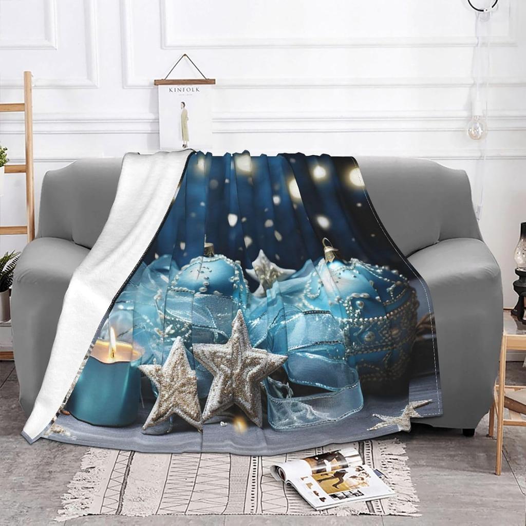 Blue Christmas Bauble Star Ornament Flannel Throw Blanket Winter Candle Bokeh Print Soft Warm Blanket Holiday Sofa Home Decor