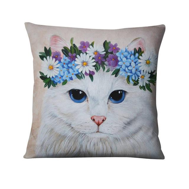Home Decoration Pillow Cat With Flowers Printed Cushion Decorative Pillows Cartoon Animal Home Decor Sofa Throw Pillows 45*45Cm