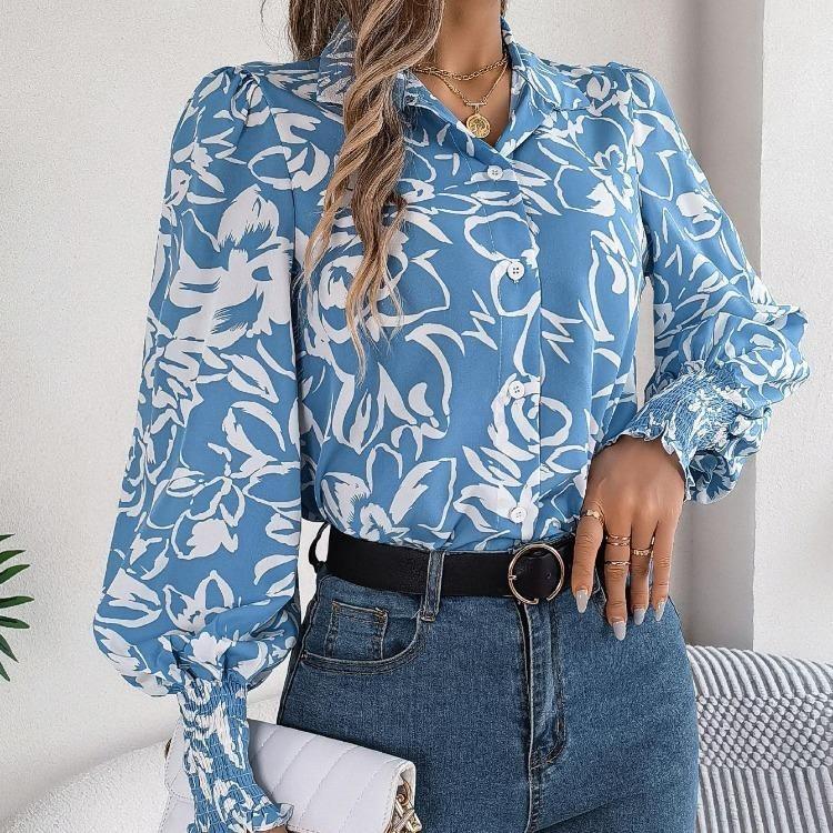 Элегантная женская блузка с цветочным принтом, V-образным вырезом и длинными рукавами для весенне-осеннего сезона