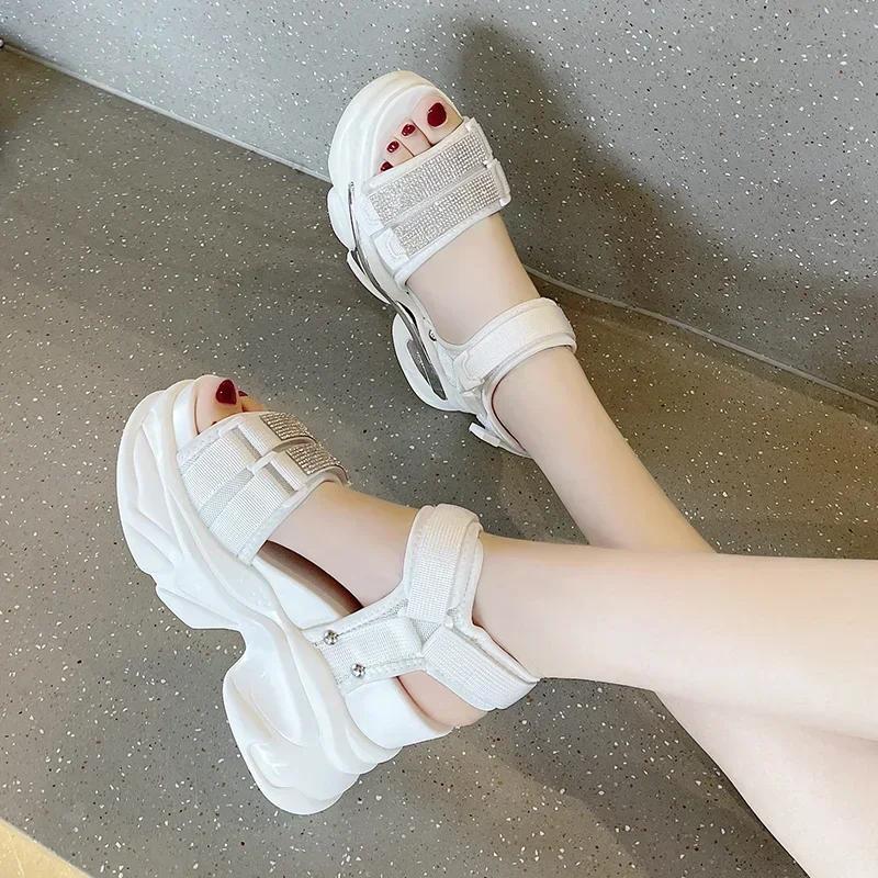 Summer High Platform Women Sandals Buckle 10CM Wedges Bling Shoes Fashion 2025 Outside Chunky Sandals Beach Casual Slides Woman