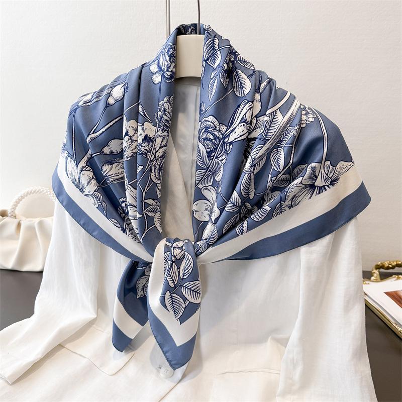 90Cm Floral Print Twill Silk Scarf Fashion Shawl Luxury Brand Square Scarf Women Hijab Bandana Foulard Neckerchief Head Scarves