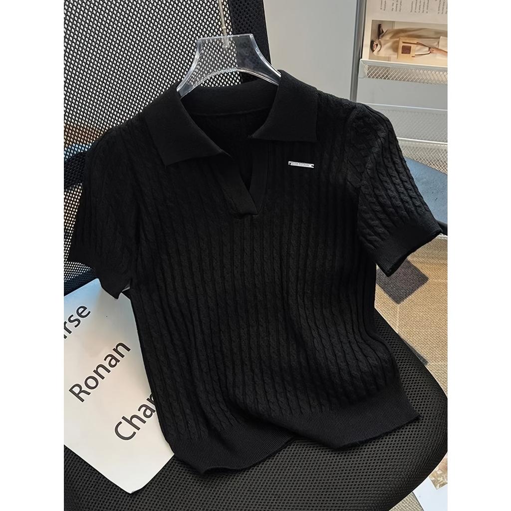 Temperament Lapel Ice Silk Knit Top Летняя свободная тонкая футболка с короткими рукавами