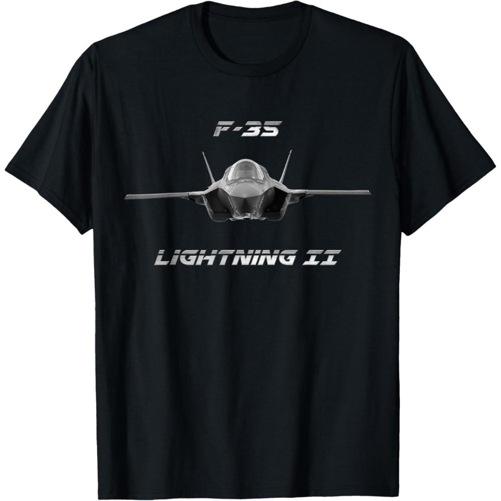 F-35 Lightning II Fighter Jet Graphic T-Shirt Black Crew Neck Tee White Lettering Soft Comfortable Premium Fabric Fit for Men