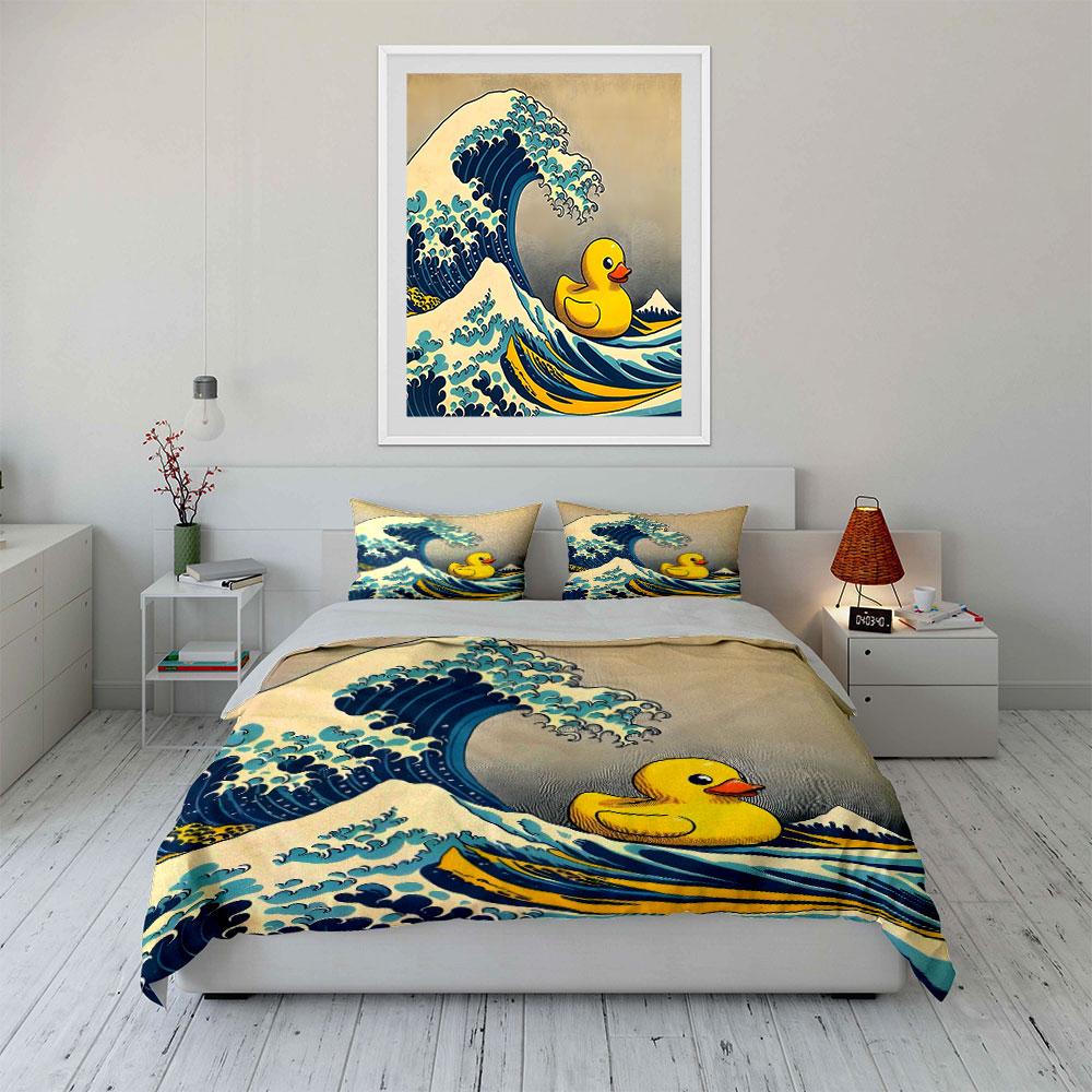 Rubber Duck on Great Wave Bedding Duvet Cover Set (1*Duvet Cover 2*Pillowcases, without duvet insert)