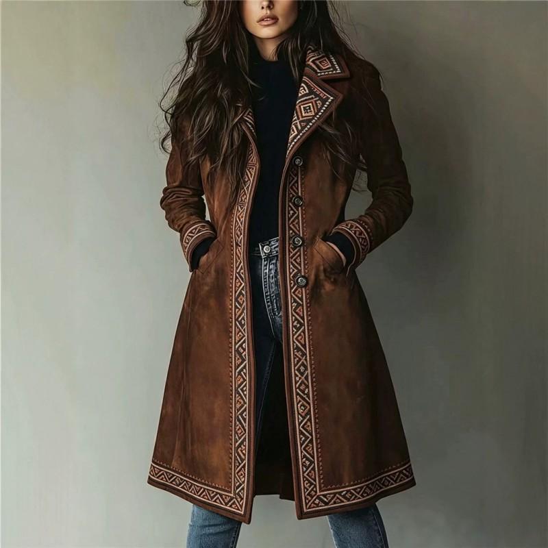 2026 Fall Winter Womens Faux Suede Trench Coat Printed Turn Down Collar Loose Fit Outerwear