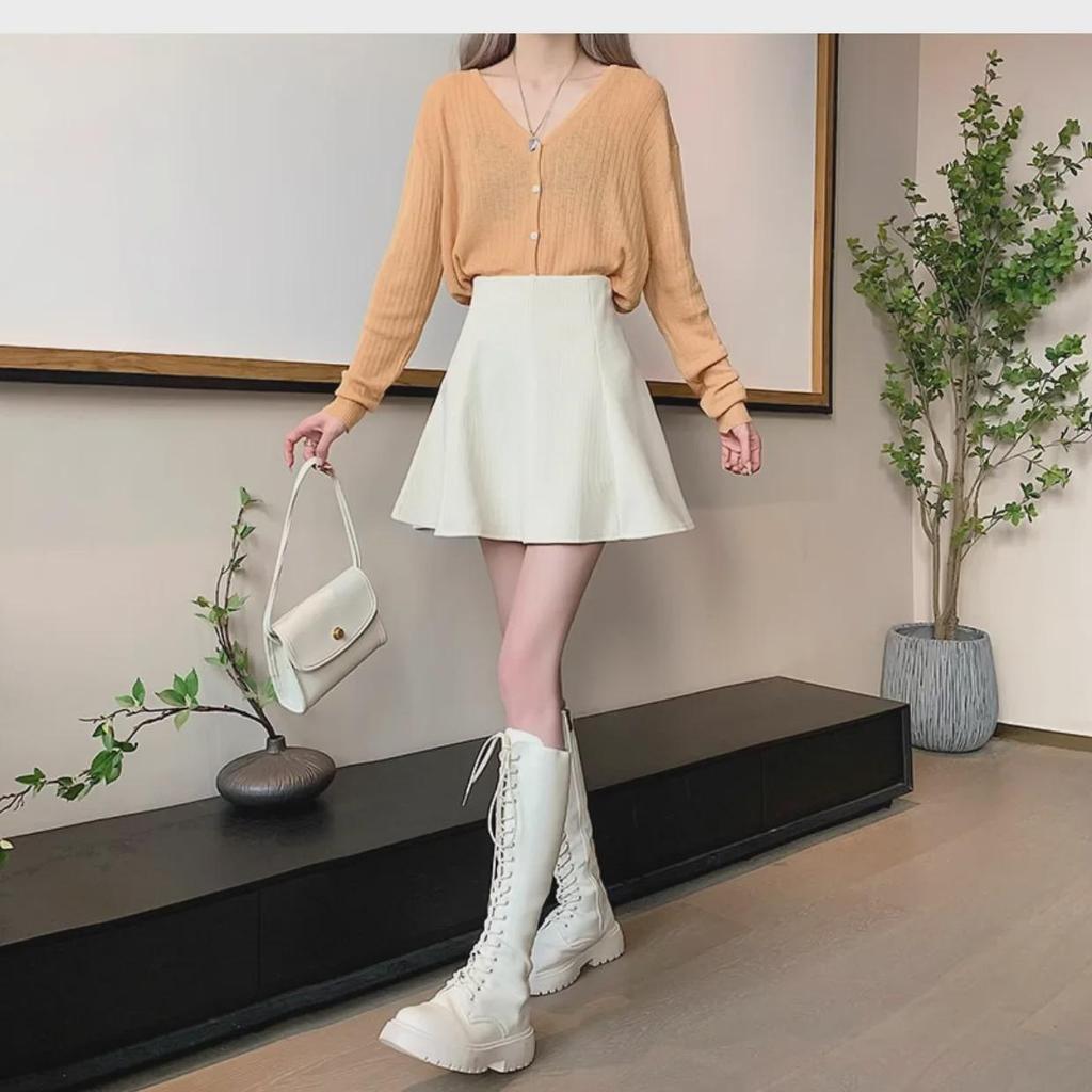 Женская вельветовая юбка А-силуэта с высокой талией и складками - Осень/Зима 2023 Корейский стиль