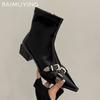 Chunky Leather Women Ankle Boots Pointed Toe Sexy Designer Mid Heels Winter Shoes 2025 Trend Fashion Pumps Goth Botas De Mujer
