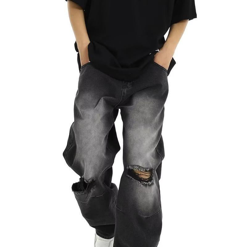 High Street Washed Old Ripped Jeans Men's Summer Trend High Street Retro Loose Straight Casual Pants Straight
