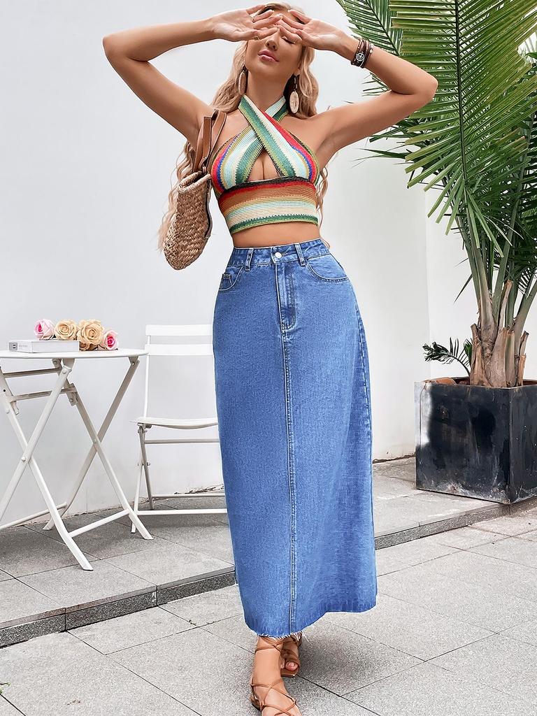 Зарубежная женская европейская и американская повседневная джинсовая миди-юбка А-силуэта с высокой талией