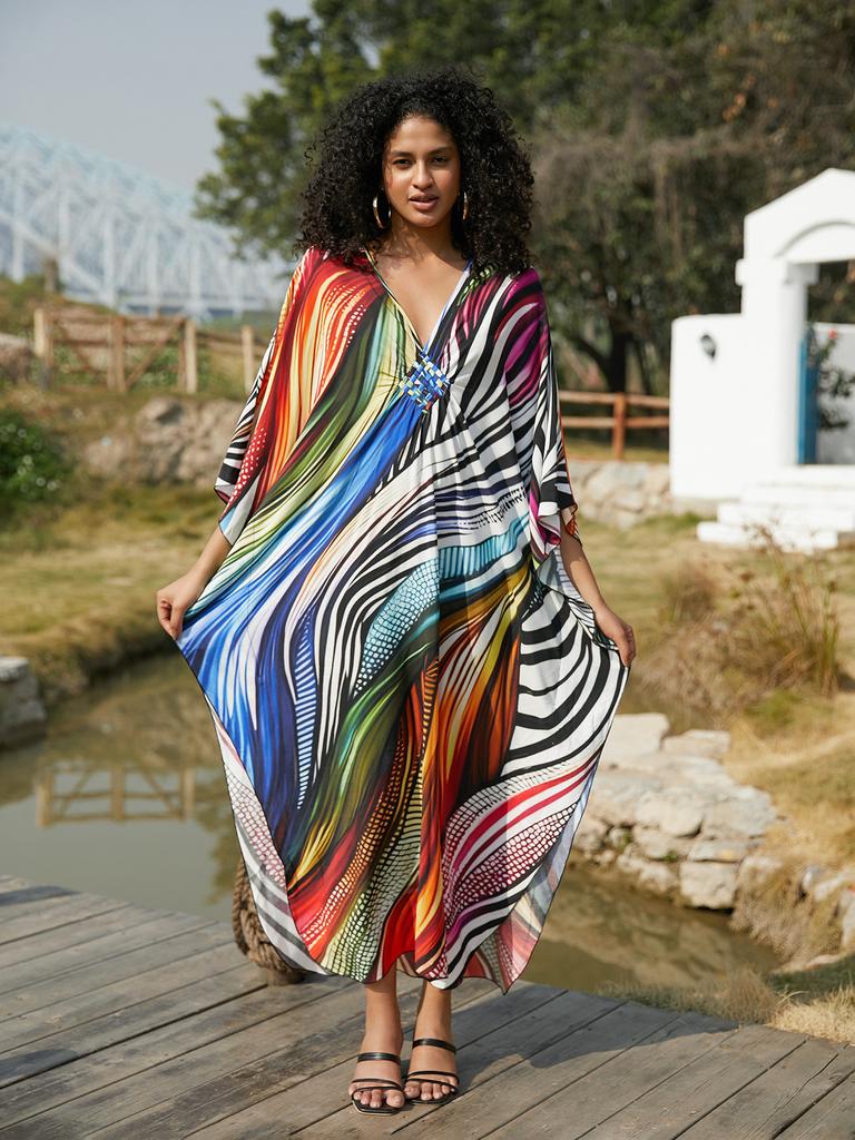 Beach Cover Up Geometric Printed Kaftans for Women Viscose Handmade Waved Maxi Dresses Summer Holiday Bathing Suits