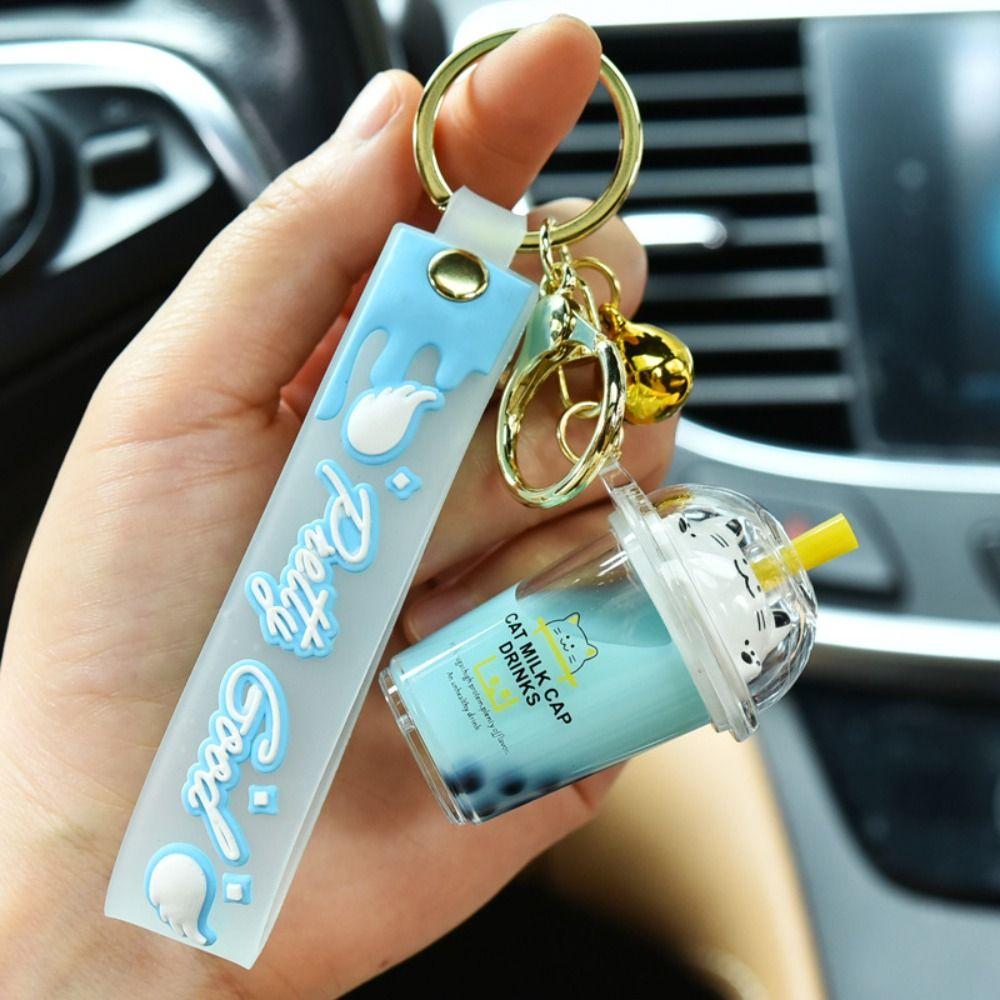 Bag Charm Cat Pearl Milk Tea Cup Keychain Key Chain Soft Drink Keyring Floating Drink Keyring