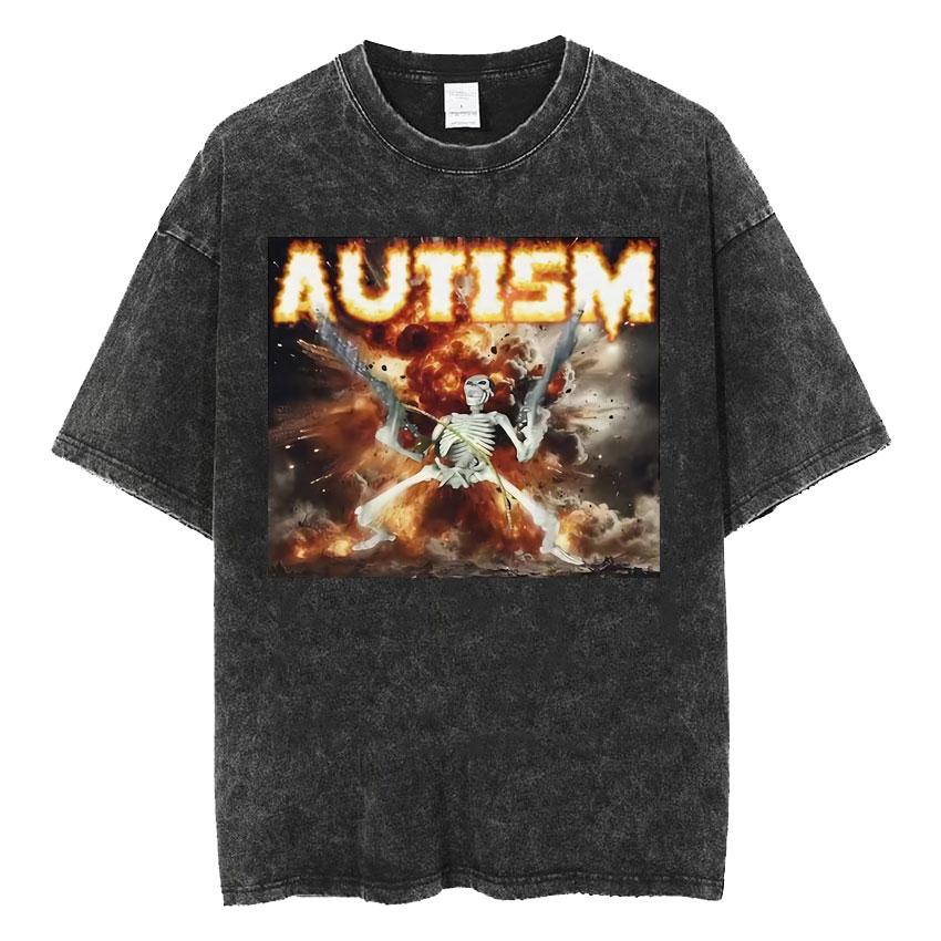 Mens Clothes Tee Shirt Homme TShirts Men Autism Skeleton Meme Human Funny Skull Washed Short Sleeved Round Neck Yk Tshirt