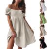 Summer Women's Short-sleeved One-shoulder Waist-skimming Ruffle Cuffs Solid Color Party Resort Dress