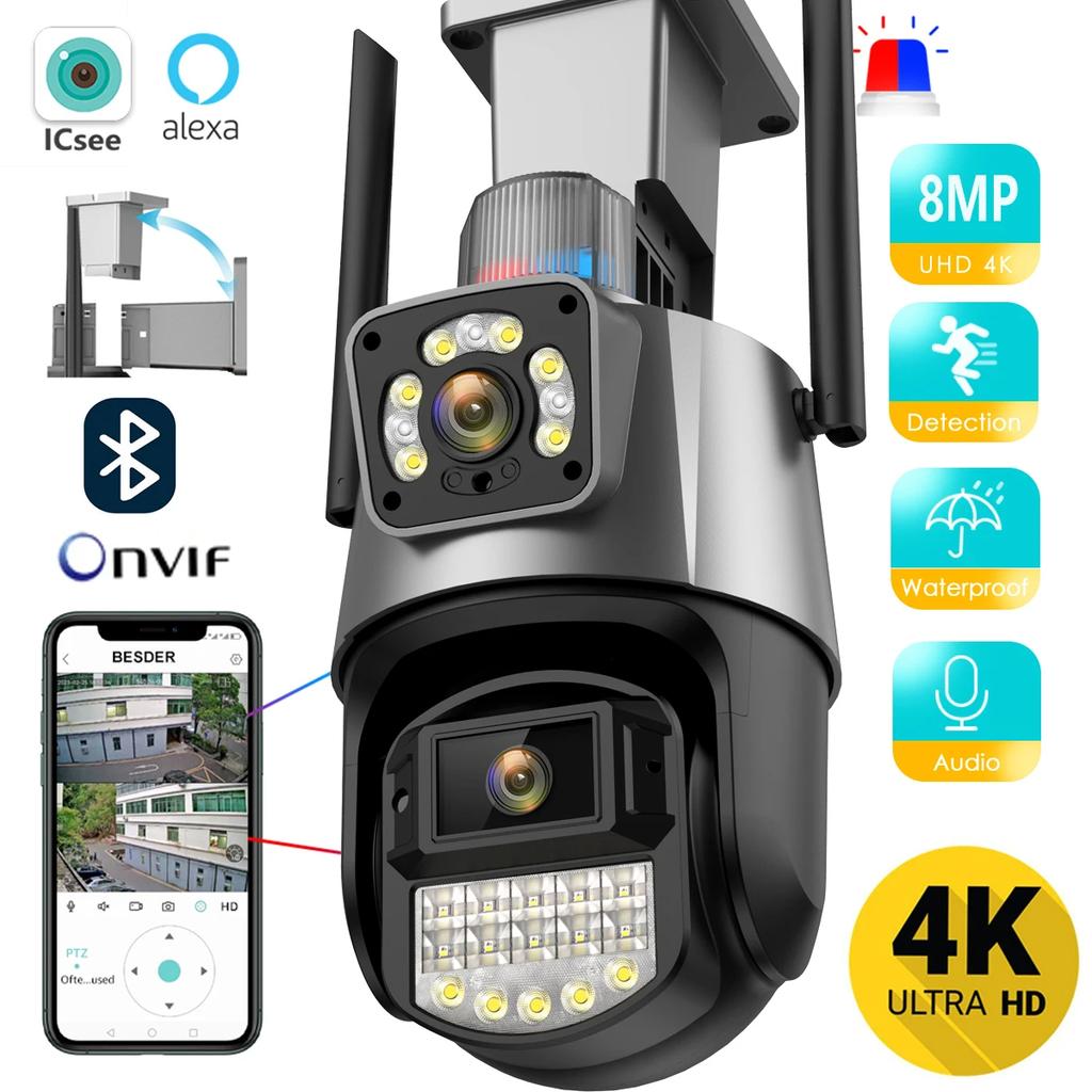 New 8MP 4K IP Camera Dual Lens DualScreen 4MP Color Night Vision Auto Tracking PTZ Wifi Camera Waterproof CCTV Security Camera ICSEE
