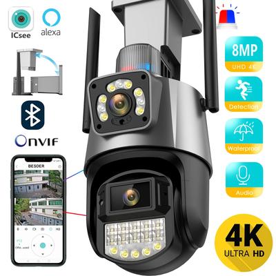 Новая IP-камера 8MP 4K с двойным объективом, двойным экраном, 4MP, цветная, ночного видения, с автоматическим отслеживанием, PTZ, Wi-Fi, водонепроницаемая камера видеонаблюдения, ICSEE