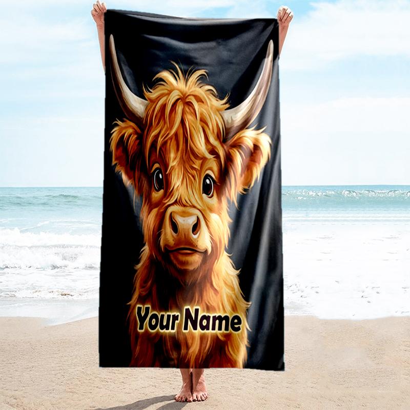 1PC Custom Name Highland Cow Portrait Beach Towel Highly Absorbent And Sand-Resistant Towel for Swimming, Pool, Yoga, And Travel Lightweight
