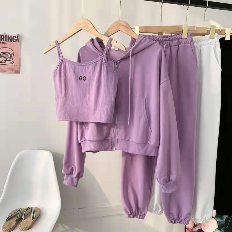 Women Spring Fall Solid Color Loose Zipper Hooded Sweatshirt Short Coat Tank Tops Casual Sweatpants Three Pieces Set Sport Suits