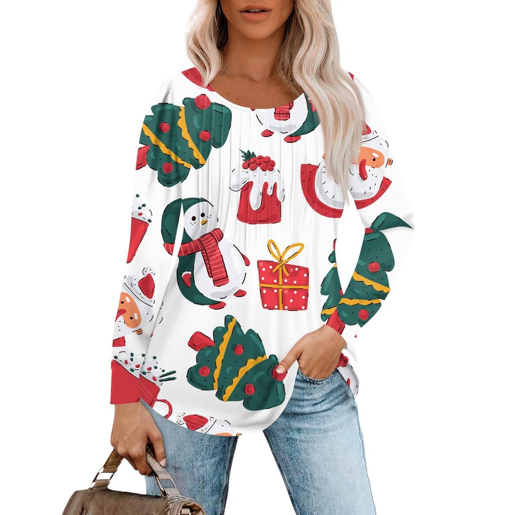 Женская повседневная футболка с круглым вырезом и длинными рукавами с рождественским принтом и складками
