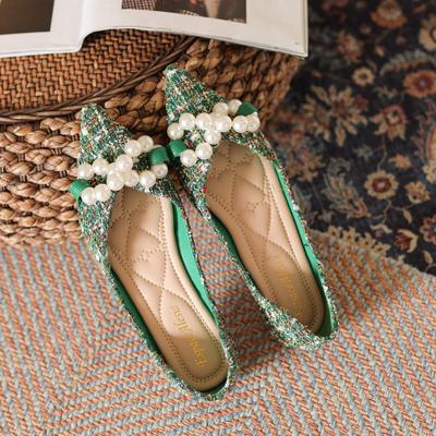 Модные зеленые туфли на плоской подошве с мягким острым носком, женские балетки, весна 2024, новые корейские женские туфли с жемчужным бантом, офисная обувь OL