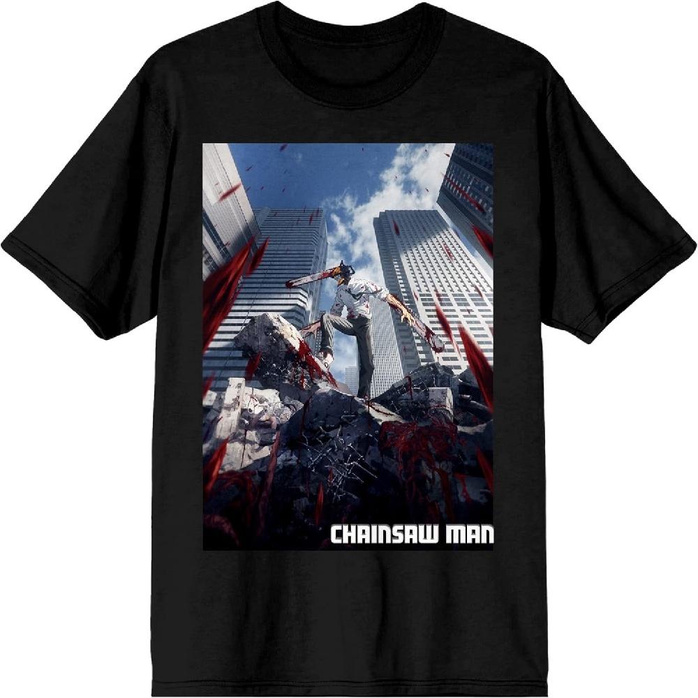 Bioworld Chainsaw Man Кровавые Здания Футболка с коротким рукавом и круглым вырезом для мужчин, черная
