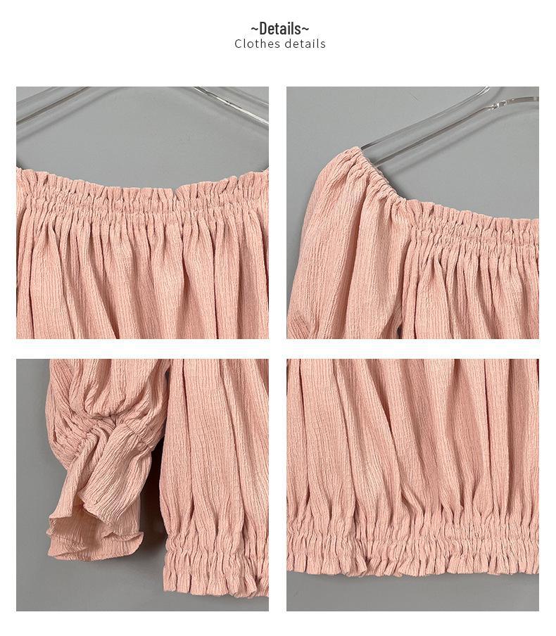 Корейский укороченный топ с рюшами, открытыми плечами, пышными рукавами и кружевом