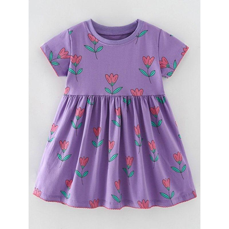 Girls' Purple Tulip Short-Sleeved Dress Baby Pure Cotton Princess Dress Kidsren's Summer Dress Knitted Skirt for Small and Medium-Sized Kidsren