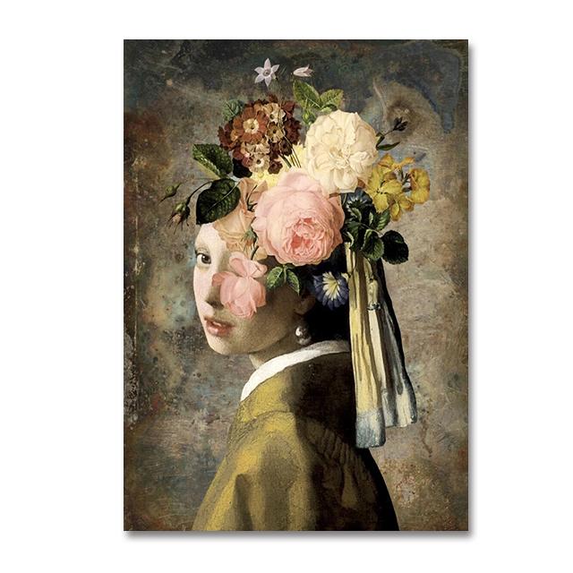 Знаменитый портрет Моны Лизы, девушки с жемчугом и цветами, картина маслом, печать на холсте, винтажный настенный постер, Куадрос, настенное искусство