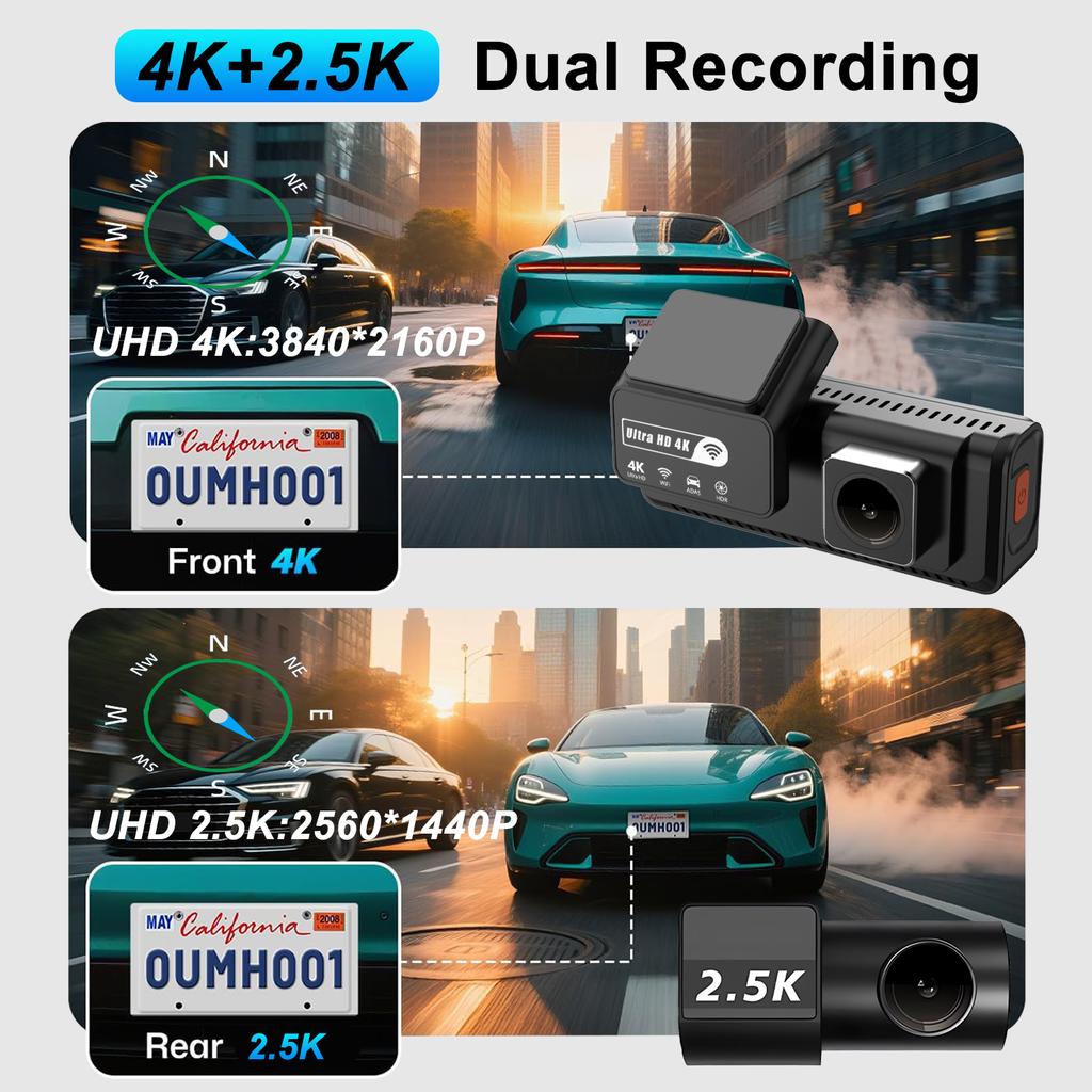 4K+2.5K Dash Cam Dual Lens 2160*3840P Recording Car Camera Built-In WiFi GPS DVR Dashcam Night Vision Video Recorder 24H Parking