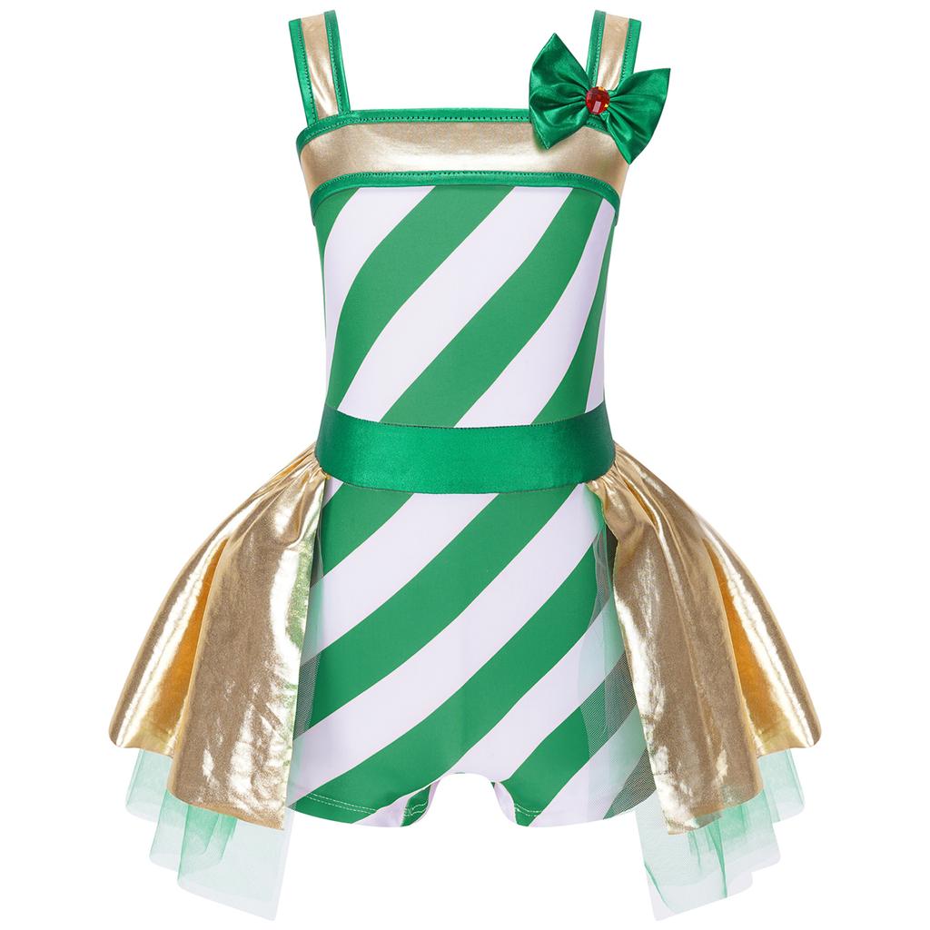 Girls Christmas Jumpsuit Striped Design Rhinestone Bow Adorned Ruffle Skirt Shorts Bodysuit Cosplay Costume