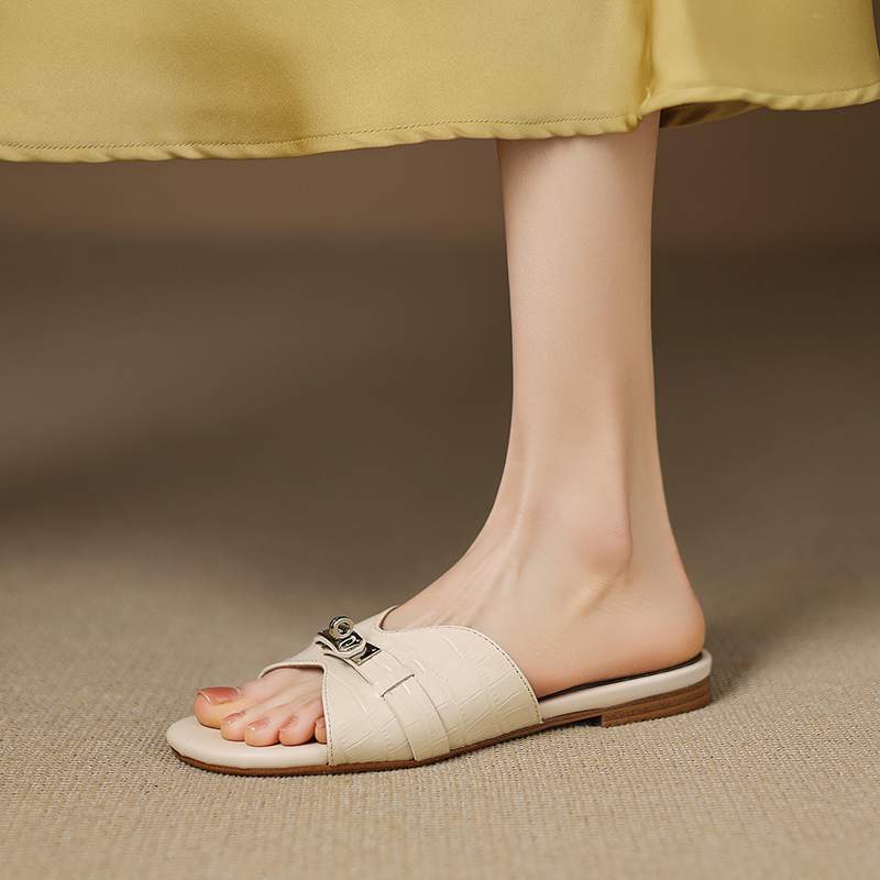 Krazing Pot Мюли из коровьей кожи, летние, размер 42, на низком каблуке, роскошные туфли с металлическими украшениями, женские, суперзвездные, женские, с открытым носком, сандалии без застежек