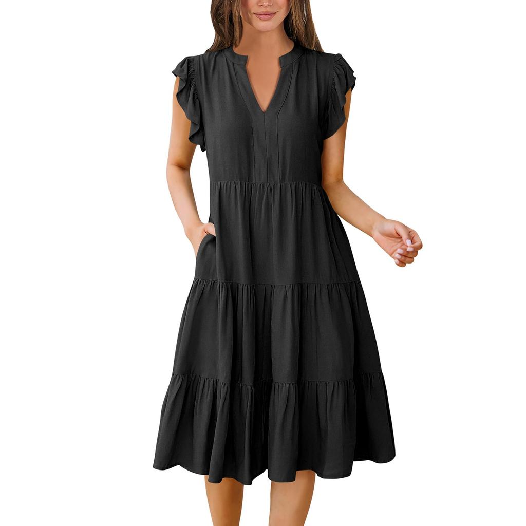 Женские богемные однотонные летние повседневные многослойные платья с v-образным вырезом и рюшами на рукавах