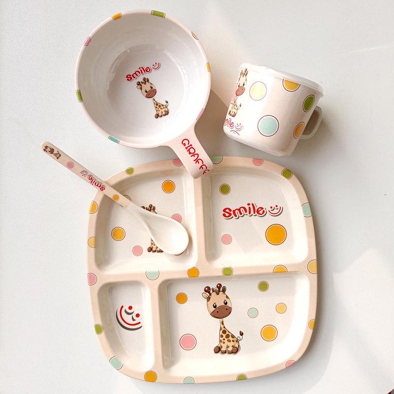 Giraffe Bamboo Fiber Kids Dinner Set with Compartments: Plate, Soup Bowl, and Spoon