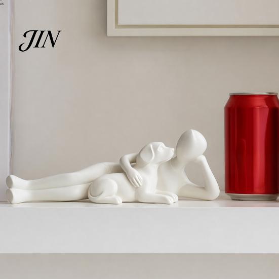 Modern Abstract Art Decor 3D Printed Man Lying on Dog Statue, Minimalist Human Pet Desktop Ornaments for Owners Figurine, Matte Black Sculpture
