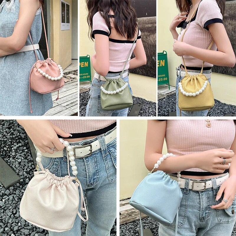 Pearl Chain Handbag Fashion PU Bucket Shoulder Bag For Lady