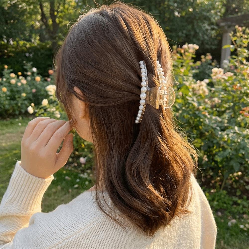 Big Size Pearl Hair Claw Pearl Decor Hairpin Elegant Shark Clip Daily Styling